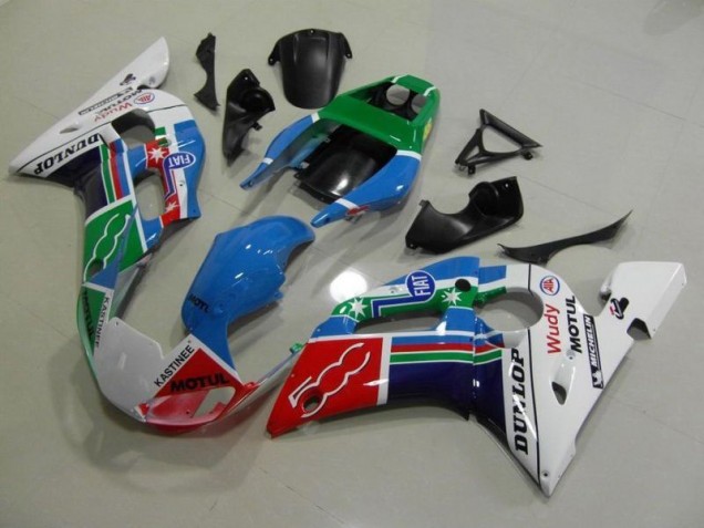 Bleu Blanc Vert Rouge Wudy Motul Dunlop Carénage Yamaha R6 1998-2002 Bleu Blanc Vert Rouge Wudy Motul Dunlop Carénage Yamaha R6 1998-2002